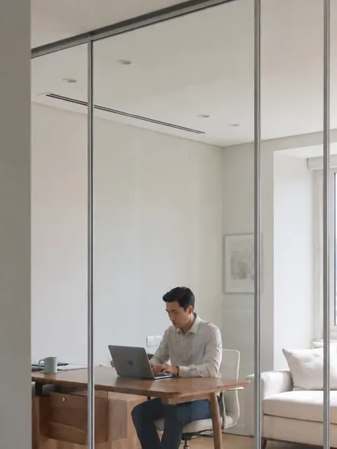 Escritório com divisórias de vidro transparentes
